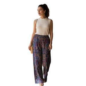 Rhea Silk Blend Bohemian Patchwork Wide Leg Pants Navy Red Gold S/M NWT